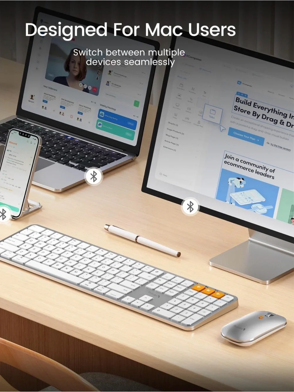 New ProtoArc KM100-A Backlit Bluetooth Keyboard and Mouse for Mac, White Silver